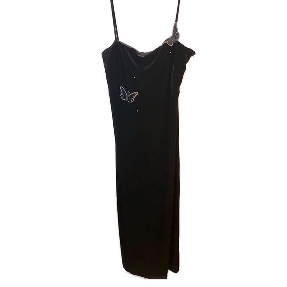 Vintage Y2K Velvet Embellished Butterfly‎ Black Slinky Slip Maxi Dress- Size 14 - Picture 1 of 6